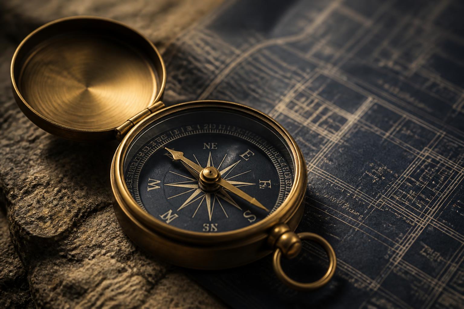 Brass compass resting on a folded blueprint