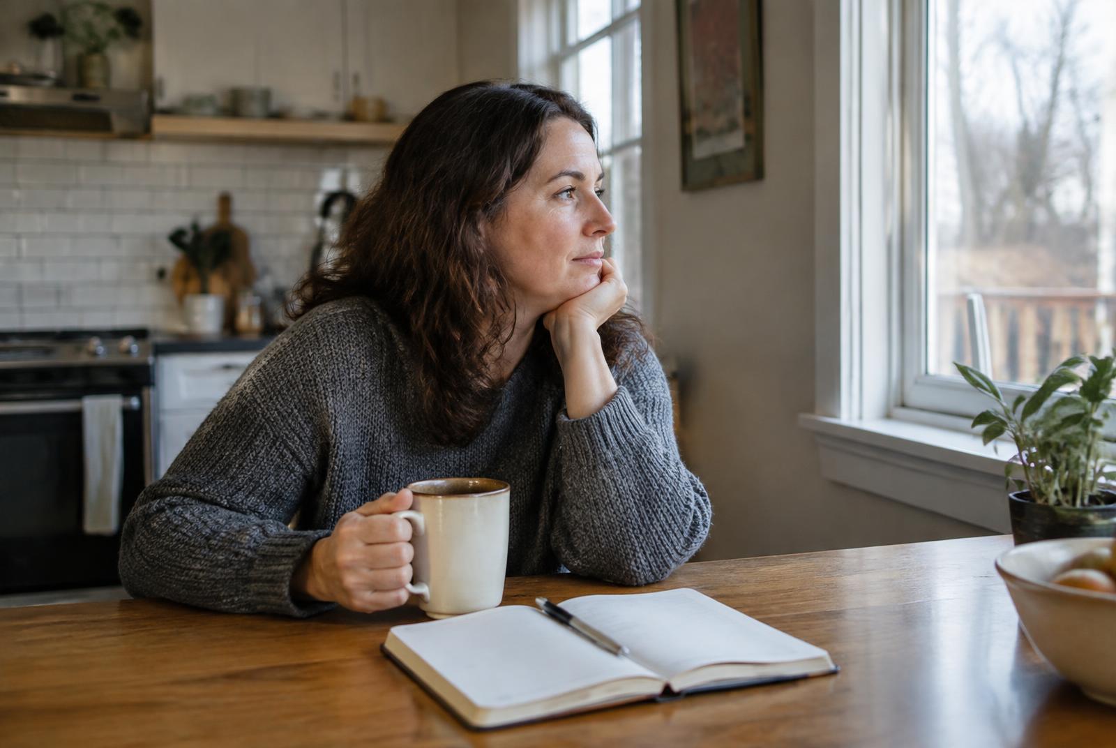 A woman pausing at her kitchen table with a notebook, looking out of the window
